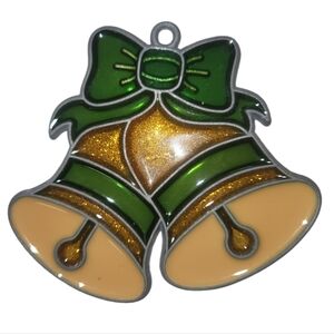 Vintage Handmade Stained Glass Gold Glitter Bells Suncatcher Christmas Ornament